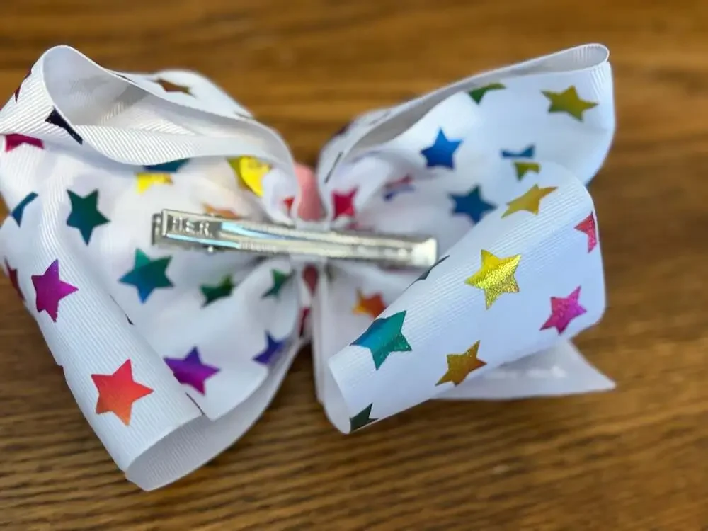 JoJo Siwa White Rainbow Stars Grosgrain Hair Bow with Rhinestone Cupcake Center